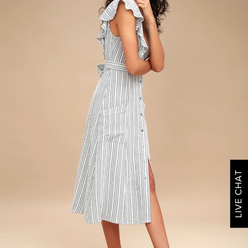 Grey striped button down midi dress, Lost +Wander
